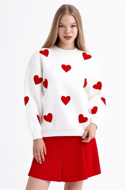 Kalp Efektli Balon Kollu İçi Polarlı Oversize Sweatshirt - Ekru