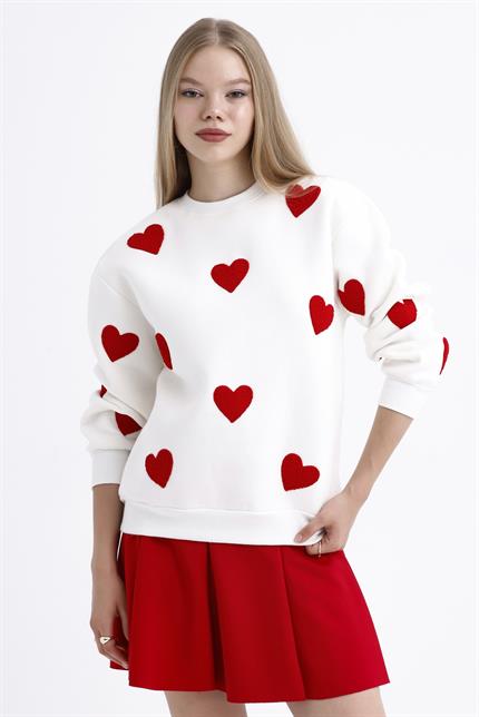 Kalp Efektli Balon Kollu İçi Polarlı Oversize Sweatshirt - Ekru