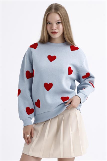 Kalp Efektli Balon Kollu İçi Polarlı Oversize Sweatshirt - Buz Mavi