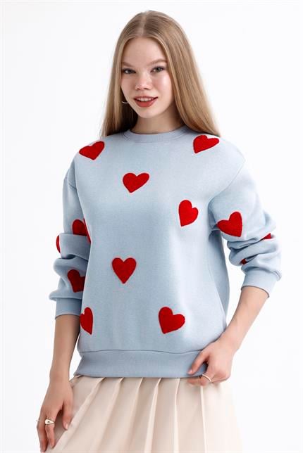 Kalp Efektli Balon Kollu İçi Polarlı Oversize Sweatshirt - Buz Mavi