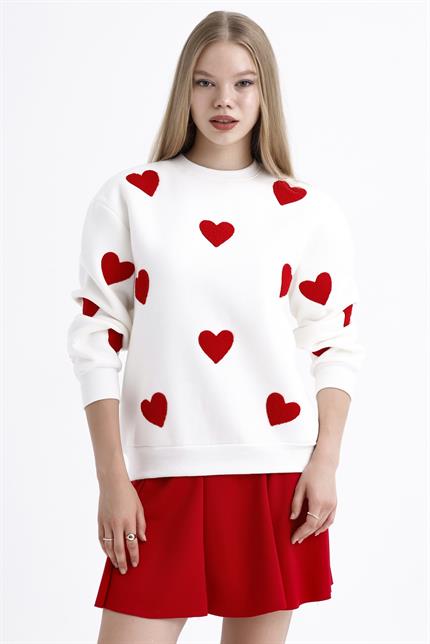 Kalp Efektli Balon Kollu İçi Polarlı Oversize Sweatshirt - Ekru