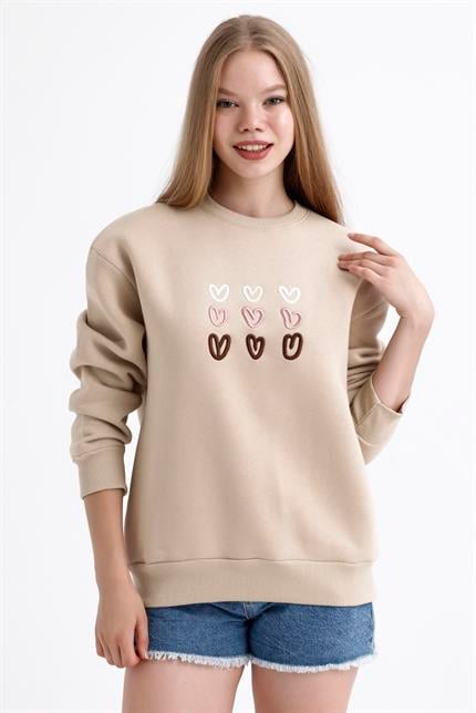 Kalp Nakış İşlemeli Balon Kollu İçi Polarlı Oversize Sweatshirt - Bej