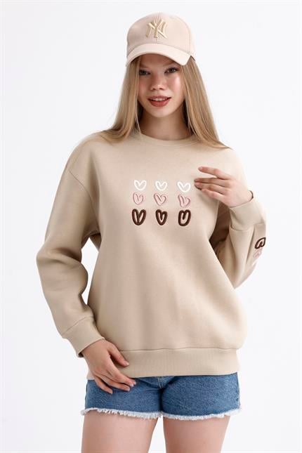 Kalp Nakış İşlemeli Balon Kollu İçi Polarlı Oversize Sweatshirt - Bej