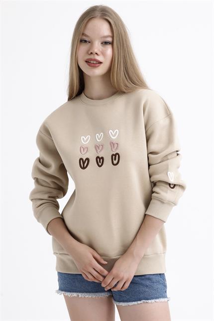 Kalp Nakış İşlemeli Balon Kollu İçi Polarlı Oversize Sweatshirt - Bej
