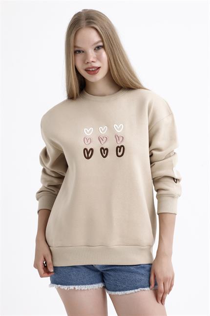 Kalp Nakış İşlemeli Balon Kollu İçi Polarlı Oversize Sweatshirt - Bej