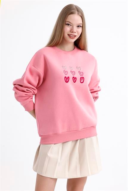 Kalp Nakış İşlemeli Balon Kollu İçi Polarlı Oversize Sweatshirt - Pembe