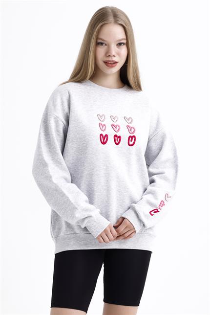 Kalp Nakış İşlemeli Balon Kollu İçi Polarlı Oversize Sweatshirt - Gri