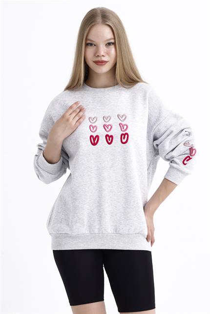 Kalp Nakış İşlemeli Balon Kollu İçi Polarlı Oversize Sweatshirt - Gri