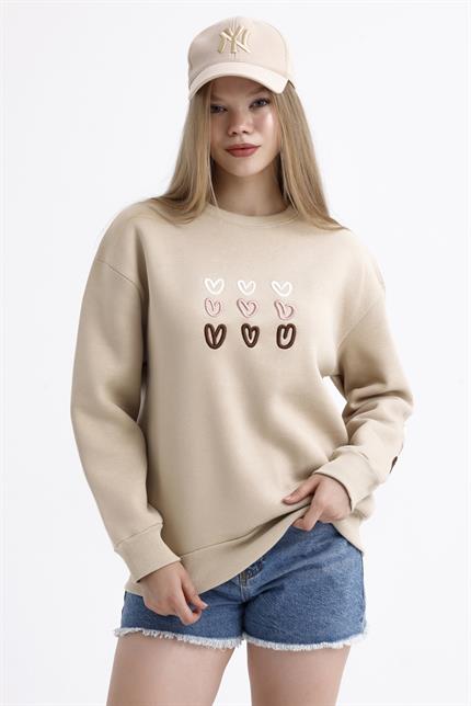 Kalp Nakış İşlemeli Balon Kollu İçi Polarlı Oversize Sweatshirt - Bej