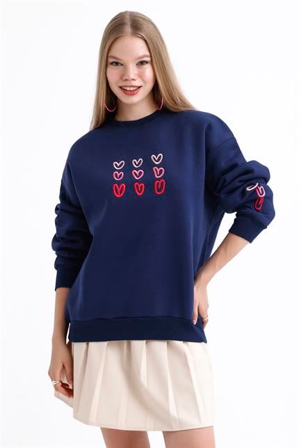 Kalp Nakış İşlemeli Balon Kollu İçi Polarlı Oversize Sweatshirt - Lacivert