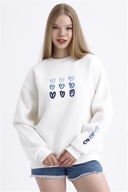 Kalp Nakış İşlemeli Balon Kollu İçi Polarlı Oversize Sweatshirt - Ekru