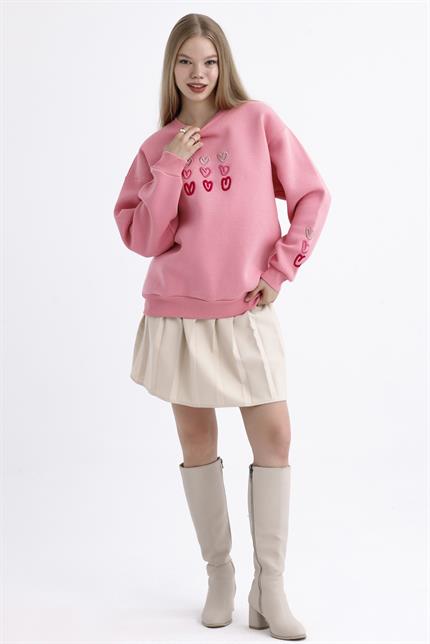 Kalp Nakış İşlemeli Balon Kollu İçi Polarlı Oversize Sweatshirt - Pembe