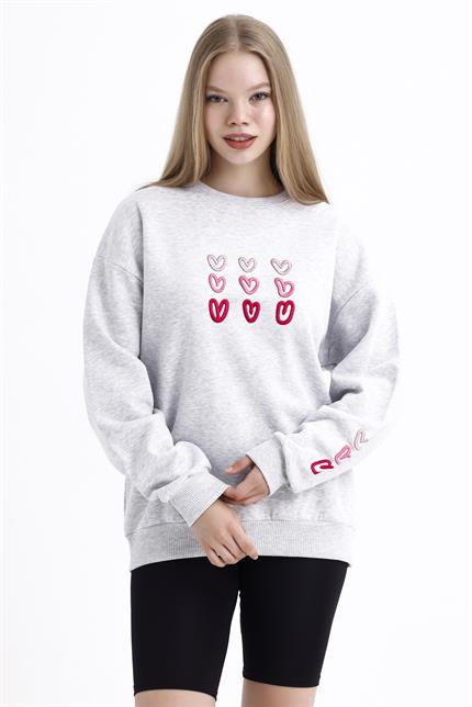 Kalp Nakış İşlemeli Balon Kollu İçi Polarlı Oversize Sweatshirt - Gri