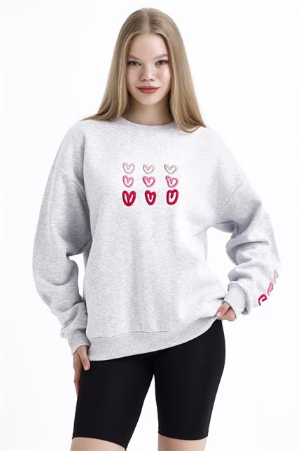 Kalp Nakış İşlemeli Balon Kollu İçi Polarlı Oversize Sweatshirt - Gri