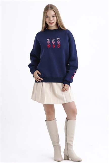 Kalp Nakış İşlemeli Balon Kollu İçi Polarlı Oversize Sweatshirt - Lacivert