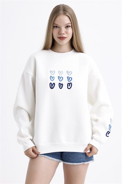 Kalp Nakış İşlemeli Balon Kollu İçi Polarlı Oversize Sweatshirt - Ekru