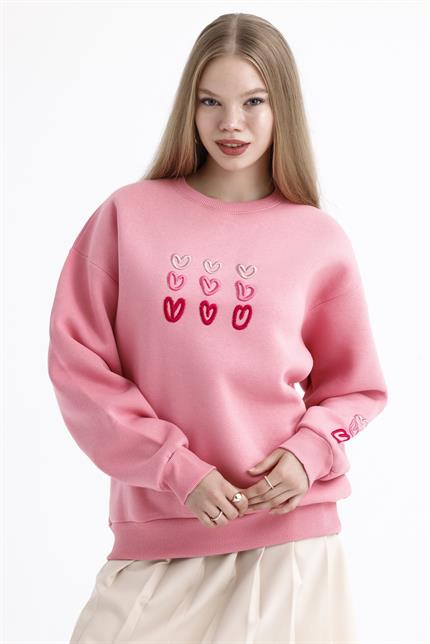 Kalp Nakış İşlemeli Balon Kollu İçi Polarlı Oversize Sweatshirt - Pembe