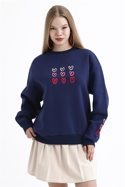 Kalp Nakış İşlemeli Balon Kollu İçi Polarlı Oversize Sweatshirt - Lacivert