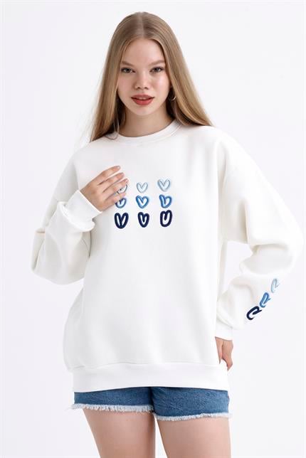 Kalp Nakış İşlemeli Balon Kollu İçi Polarlı Oversize Sweatshirt - Ekru