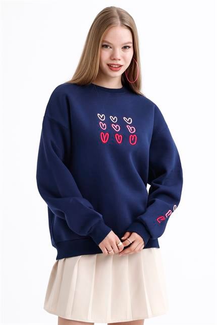 Kalp Nakış İşlemeli Balon Kollu İçi Polarlı Oversize Sweatshirt - Lacivert