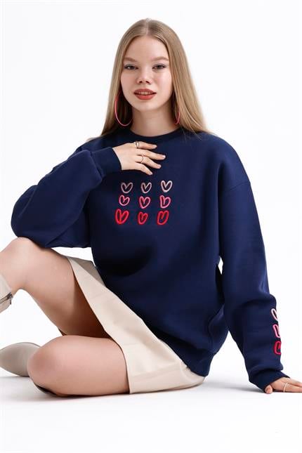 Kalp Nakış İşlemeli Balon Kollu İçi Polarlı Oversize Sweatshirt - Lacivert