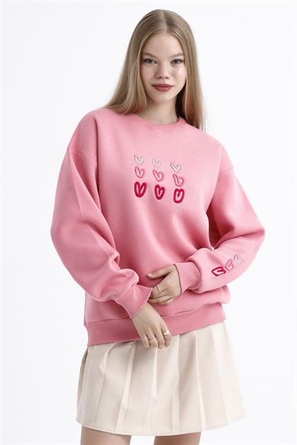 Kalp Nakış İşlemeli Balon Kollu İçi Polarlı Oversize Sweatshirt - Pembe