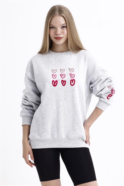 Kalp Nakış İşlemeli Balon Kollu İçi Polarlı Oversize Sweatshirt - Gri