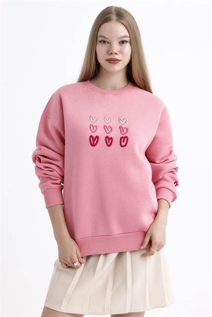 Kalp Nakış İşlemeli Balon Kollu İçi Polarlı Oversize Sweatshirt - Pembe