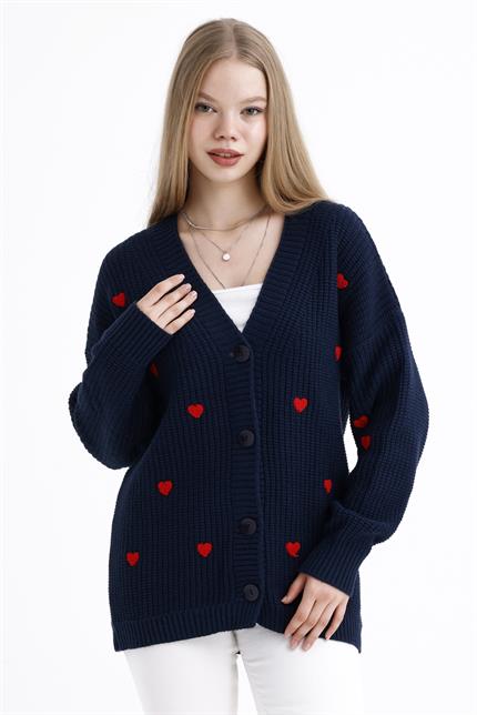 Kalp Nakışlı Düğmeli Oversize Triko Hırka - Lacivert