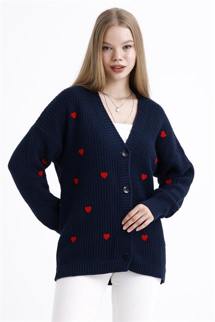 Kalp Nakışlı Düğmeli Oversize Triko Hırka - Lacivert