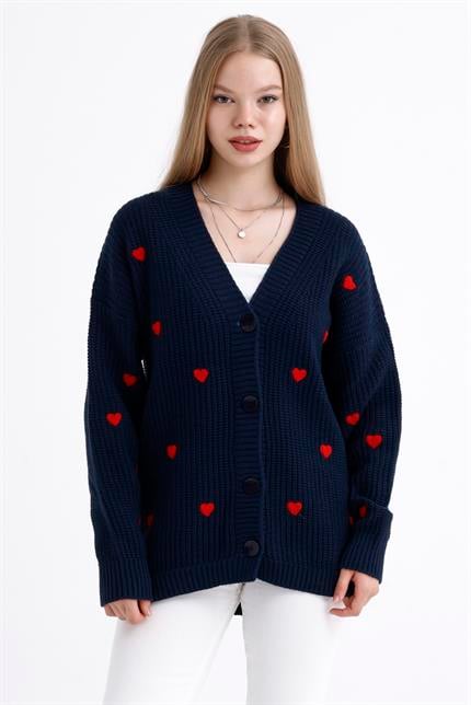 Kalp Nakışlı Düğmeli Oversize Triko Hırka - Lacivert