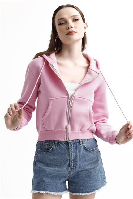 Kapüşonlu Fermuarlı Cepli İçi Polarlı Crop Sweatshirt - Pembe