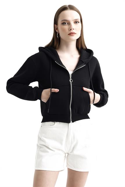 Kapüşonlu Fermuarlı Cepli İçi Polarlı Crop Sweatshirt - Siyah