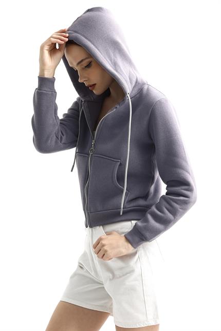 Kapüşonlu Fermuarlı Cepli İçi Polarlı Crop Sweatshirt - Gri