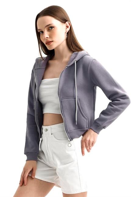 Kapüşonlu Fermuarlı Cepli İçi Polarlı Crop Sweatshirt - Gri