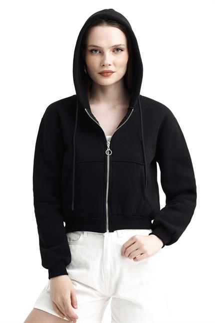 Kapüşonlu Fermuarlı Cepli İçi Polarlı Crop Sweatshirt - Siyah