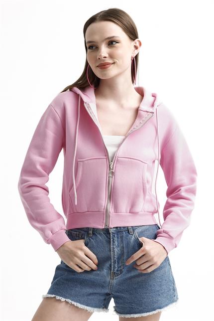 Kapüşonlu Fermuarlı Cepli İçi Polarlı Crop Sweatshirt - Pembe