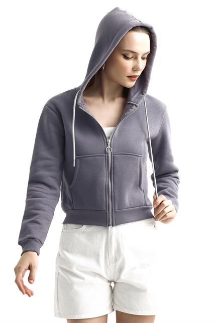 Kapüşonlu Fermuarlı Cepli İçi Polarlı Crop Sweatshirt - Gri