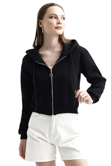 Kapüşonlu Fermuarlı Cepli İçi Polarlı Crop Sweatshirt - Siyah