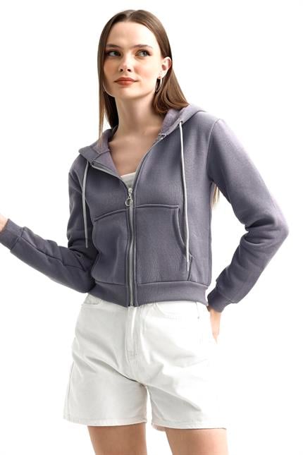 Kapüşonlu Fermuarlı Cepli İçi Polarlı Crop Sweatshirt - Gri