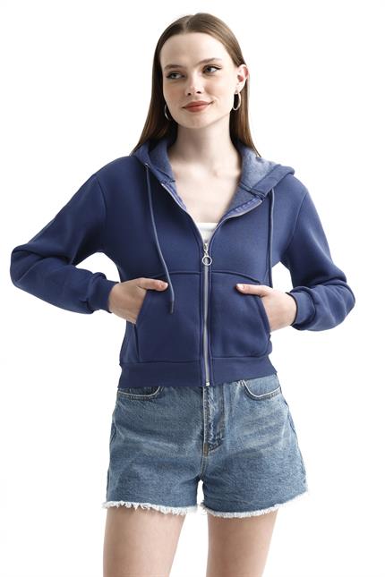 Kapüşonlu Fermuarlı Cepli İçi Polarlı Crop Sweatshirt - İndigo