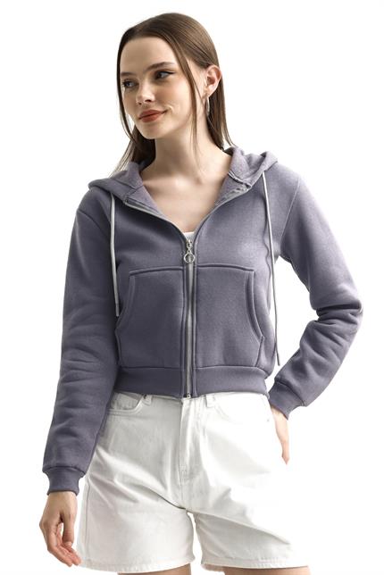 Kapüşonlu Fermuarlı Cepli İçi Polarlı Crop Sweatshirt - Gri