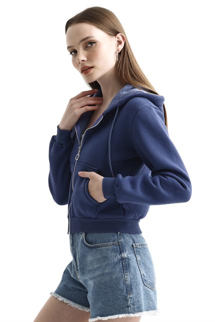 Kapüşonlu Fermuarlı Cepli İçi Polarlı Crop Sweatshirt - İndigo
