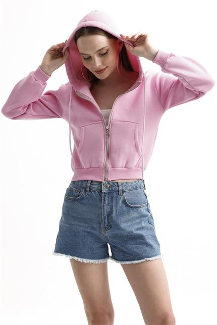 Kapüşonlu Fermuarlı Cepli İçi Polarlı Crop Sweatshirt - Pembe