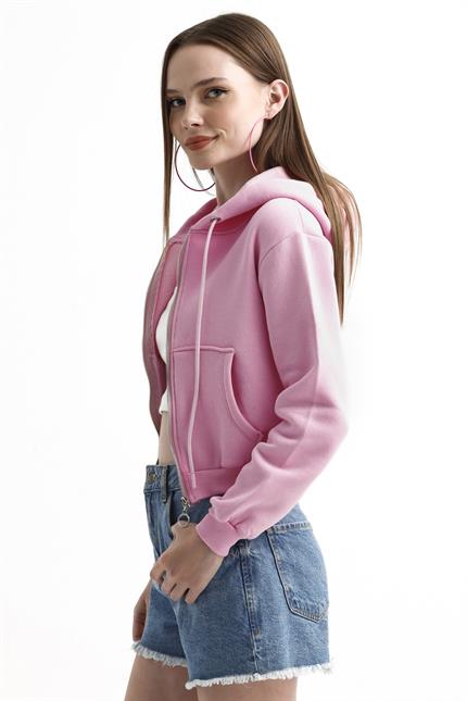 Kapüşonlu Fermuarlı Cepli İçi Polarlı Crop Sweatshirt - Pembe