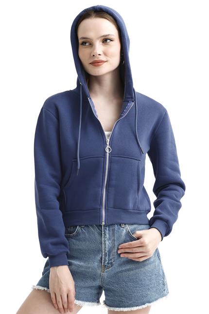 Kapüşonlu Fermuarlı Cepli İçi Polarlı Crop Sweatshirt - İndigo