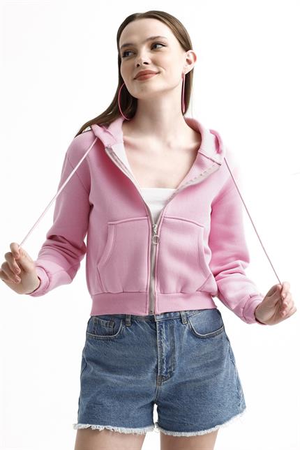 Kapüşonlu Fermuarlı Cepli İçi Polarlı Crop Sweatshirt - Pembe