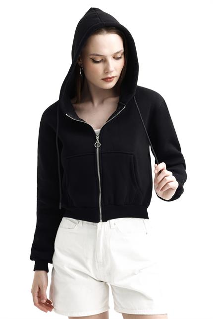 Kapüşonlu Fermuarlı Cepli İçi Polarlı Crop Sweatshirt - Siyah