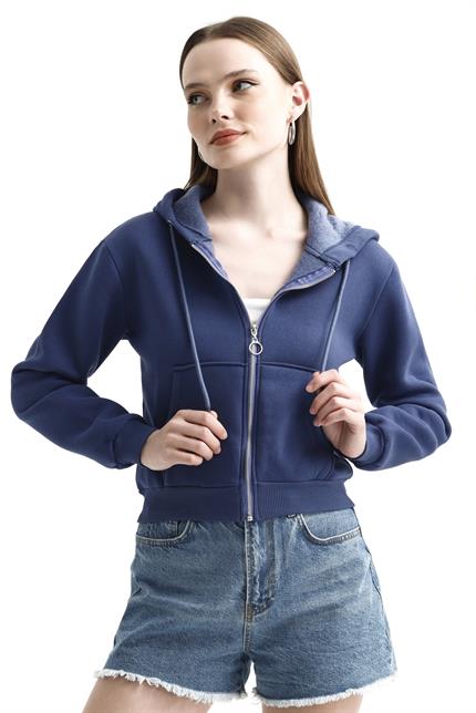 Kapüşonlu Fermuarlı Cepli İçi Polarlı Crop Sweatshirt - İndigo