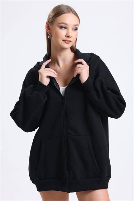 Kapüşonlu İçi Polarlı Oversize Fermuarlı Sweatshirt - Siyah